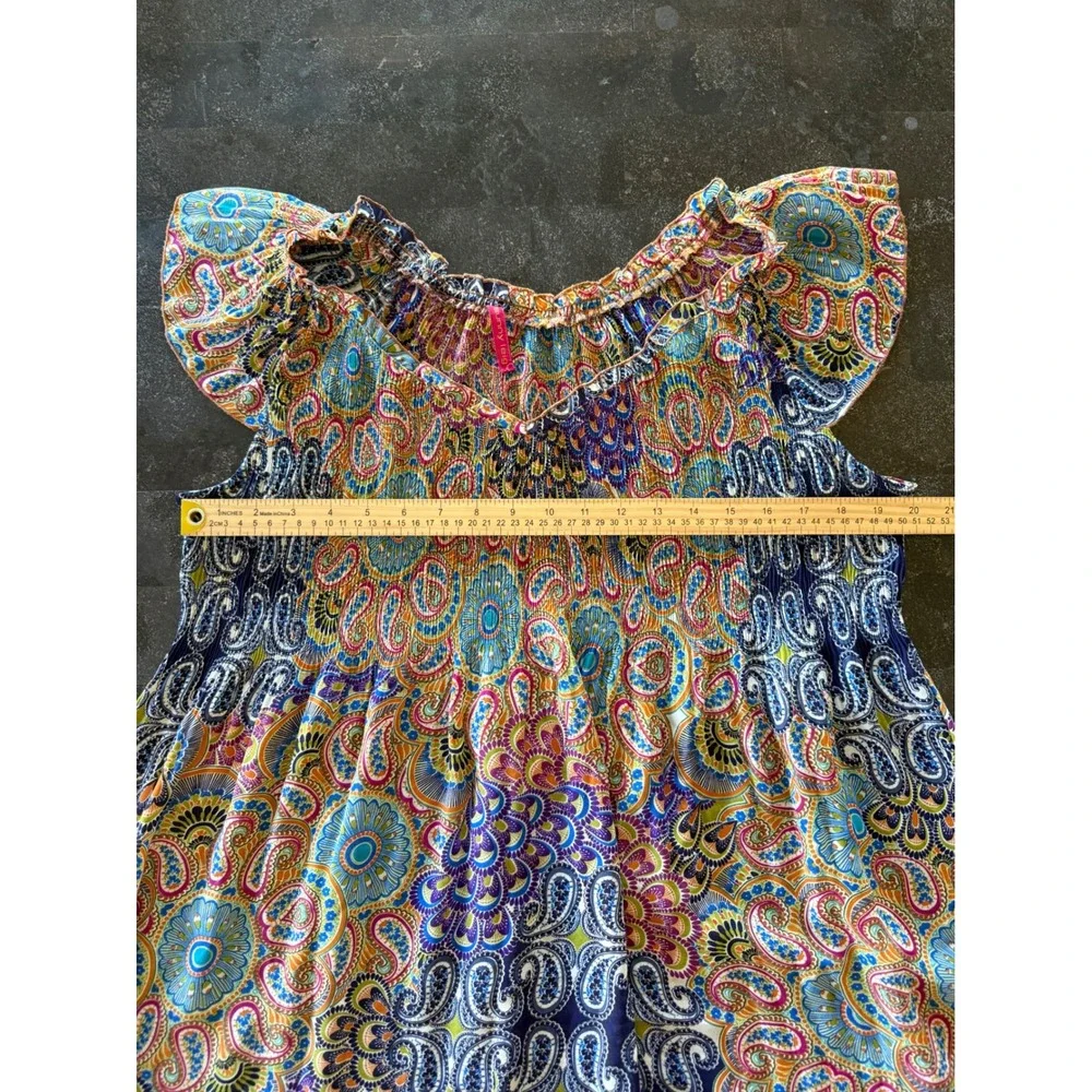 Women's Paisley Blouse Smocked Flutter Sleeve Baby Doll Top Boho Fairy Milk Maid - Picture 7 of 8